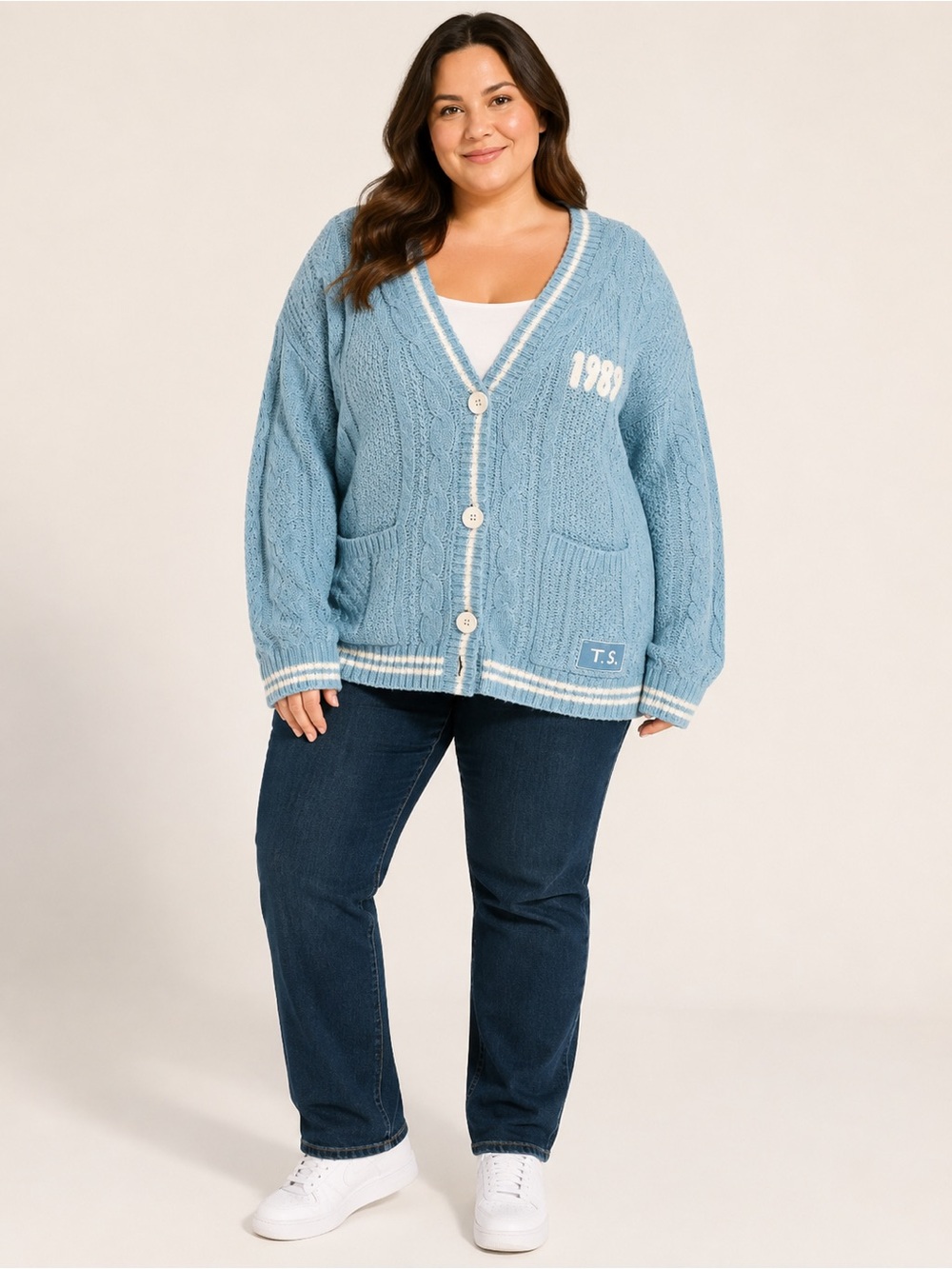 Authentic Taylor Swift 1989 Cable Knit Blue/White Trin Cardigan SZ 3/4X